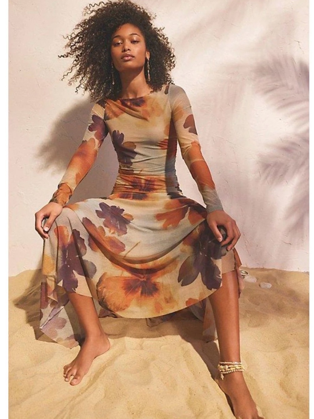 Free People Long Sleeve Floral Maxi Dress in Blue and Rust Purple